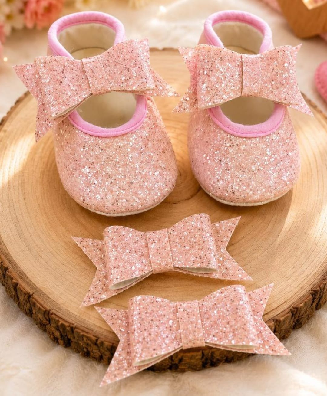 Daizy Glittered Bow Applique Detailed Booties With Hair Clips - Baby Pink-picture-13