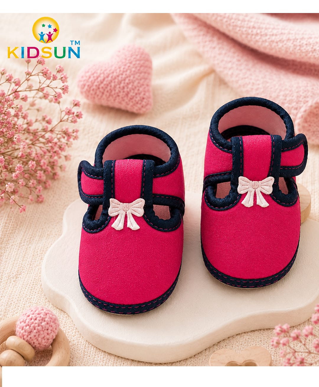 KIDSUN Bow Applique Detailed Velcro Closure Booties - Dark Pink-image-47