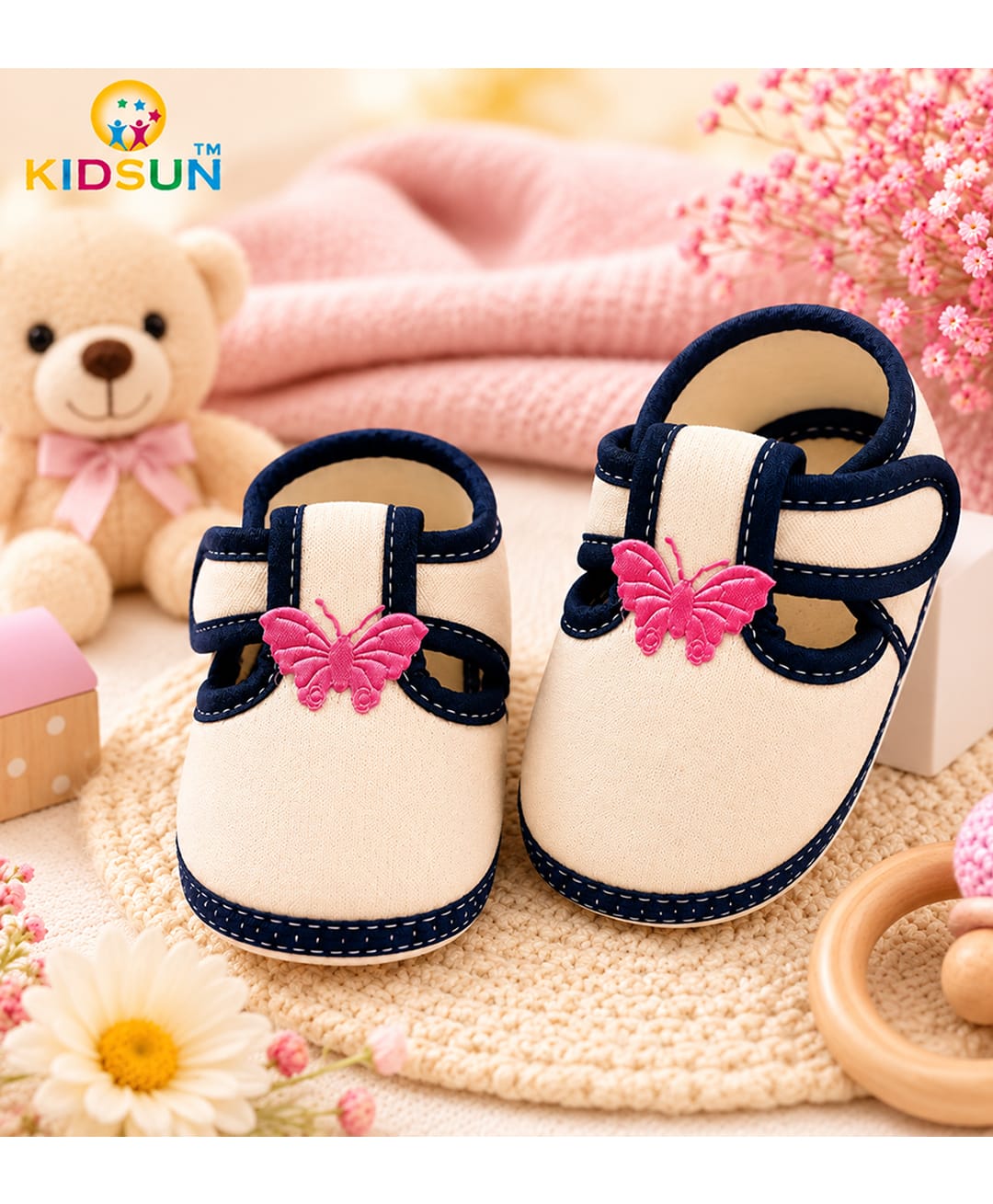 KIDSUN Butterfly Applique Detailed Velcro Closure Booties - Off White-picture-22
