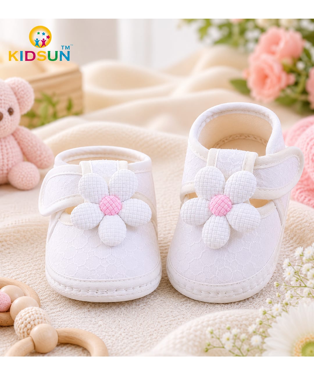 KIDSUN Floral Applique Detailed Velcro Closure Booties - White-image-22
