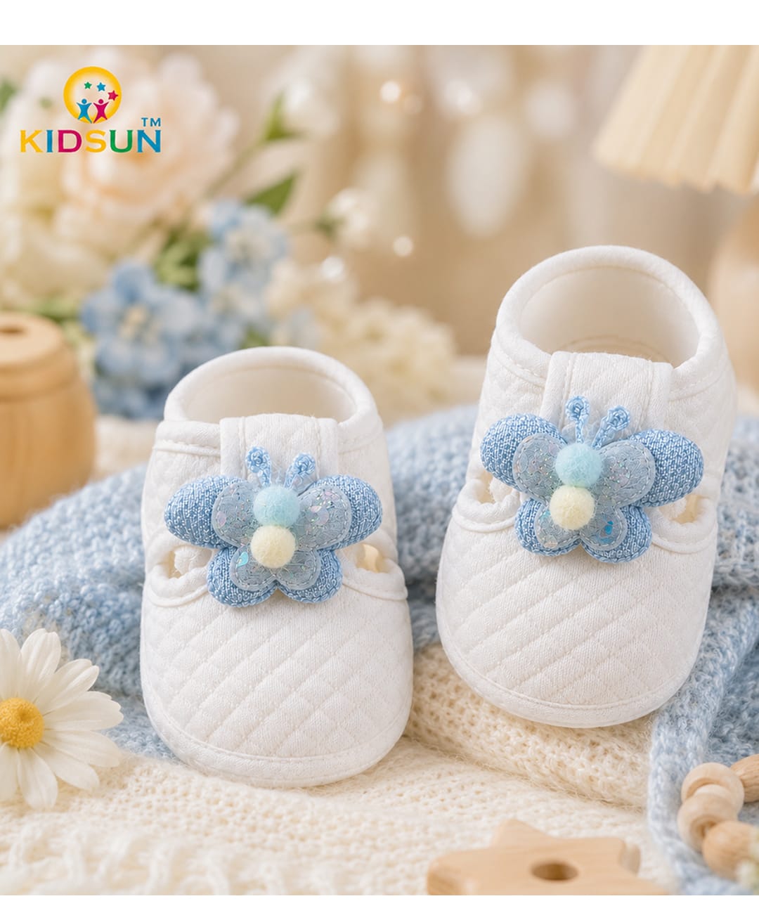 KIDSUN Pom Pom Embellished Butterfly Applique Detailed Velcro Closure Booties - Sky Blue-picture-22