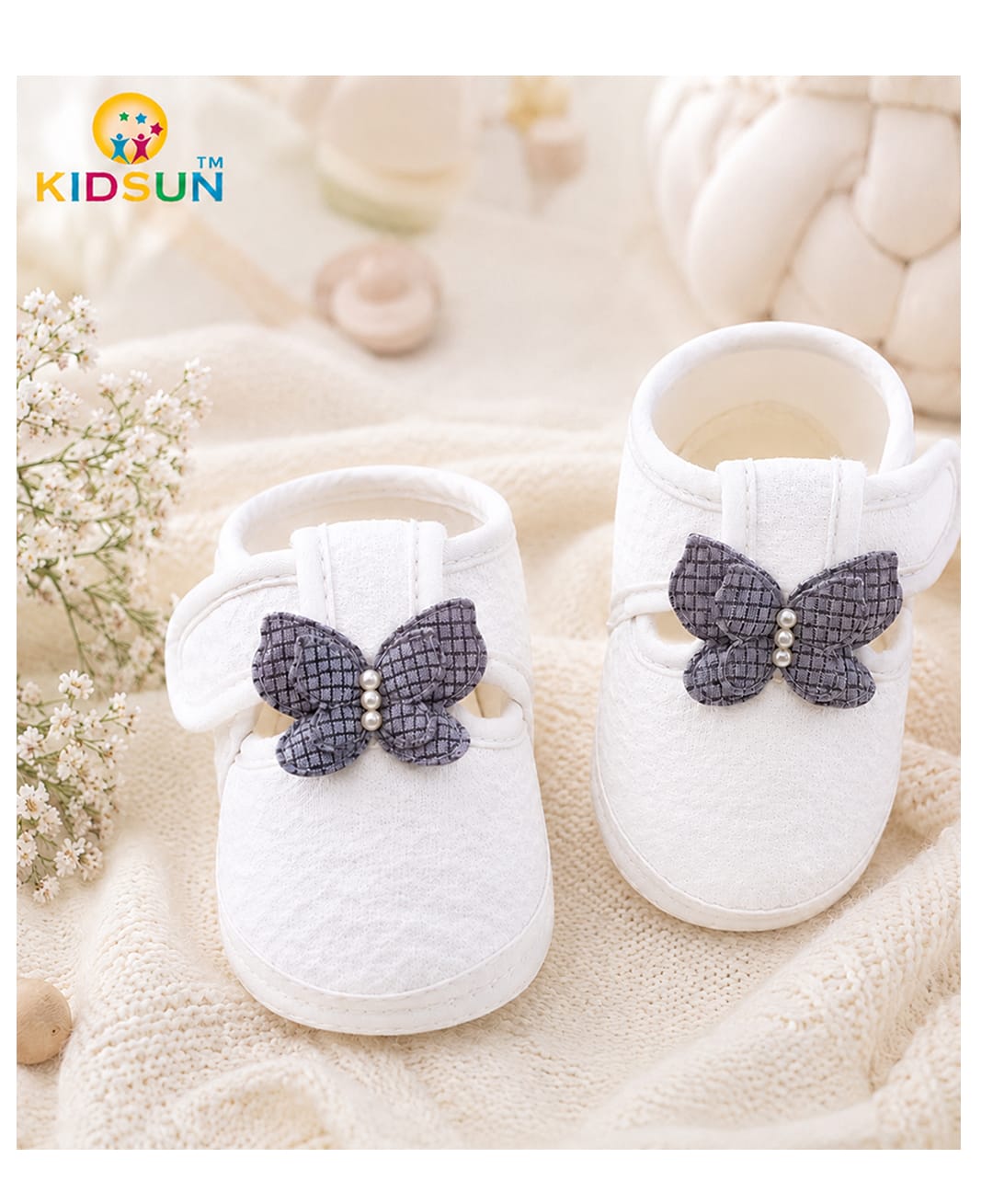 KIDSUN Butterfly Applique Detailed Velcro Closure Booties - Grey-image-4