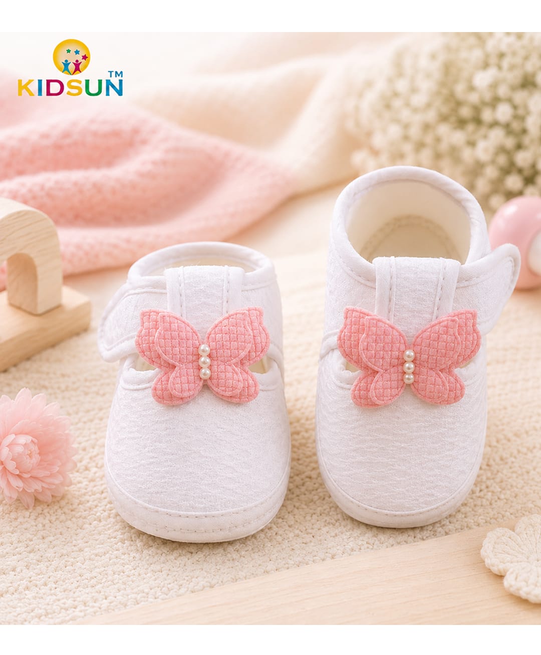 KIDSUN Butterfly Applique Detailed Velcro Closure Booties - Peach-picture-14