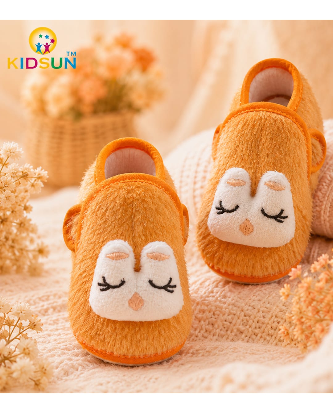 KIDSUN Bird Face Applique & Fur Detailed Velcro Closure Booties - Orange-picture-12