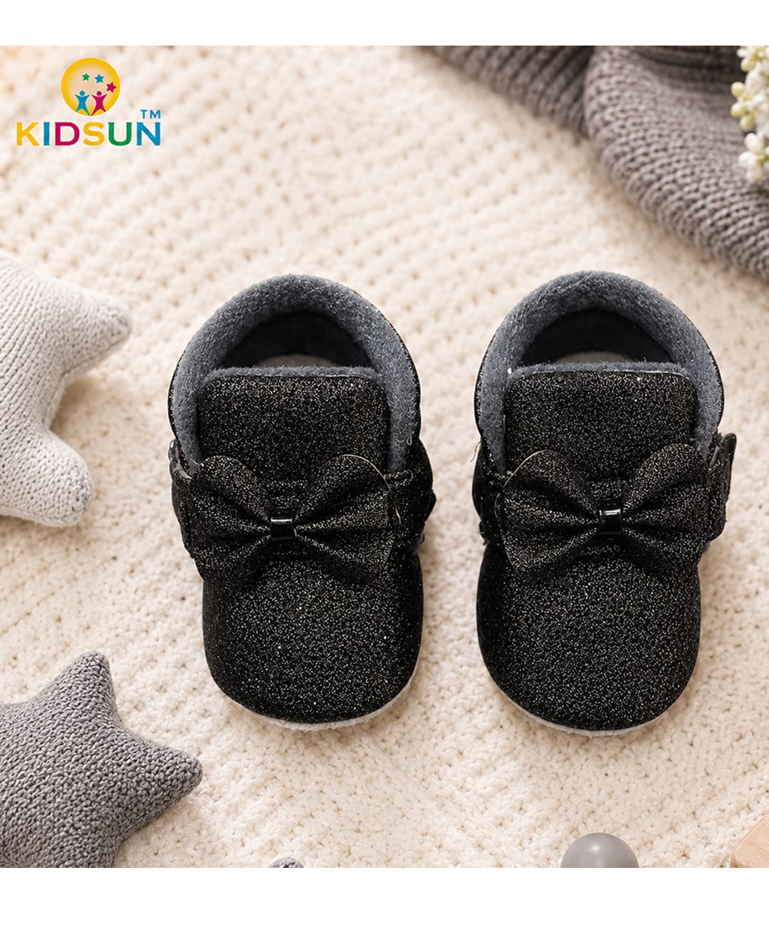 KIDSUN Glitter Embellished Bow Applique Detailed Velcro Closure Booties - Dark Grey-picture-12