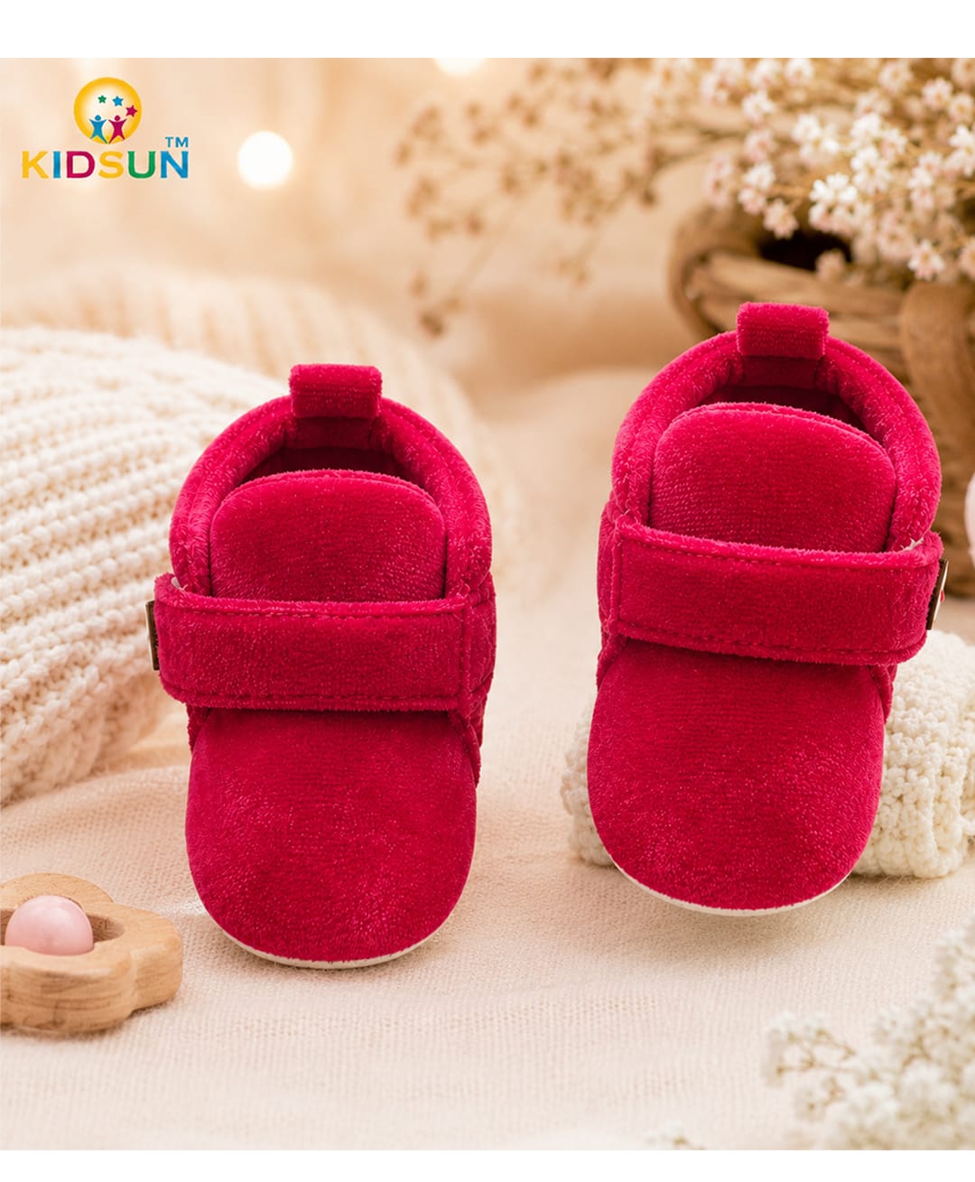 KIDSUN Bow Applique Detailed Velcro Closure Booties - Dark Pink-image-4