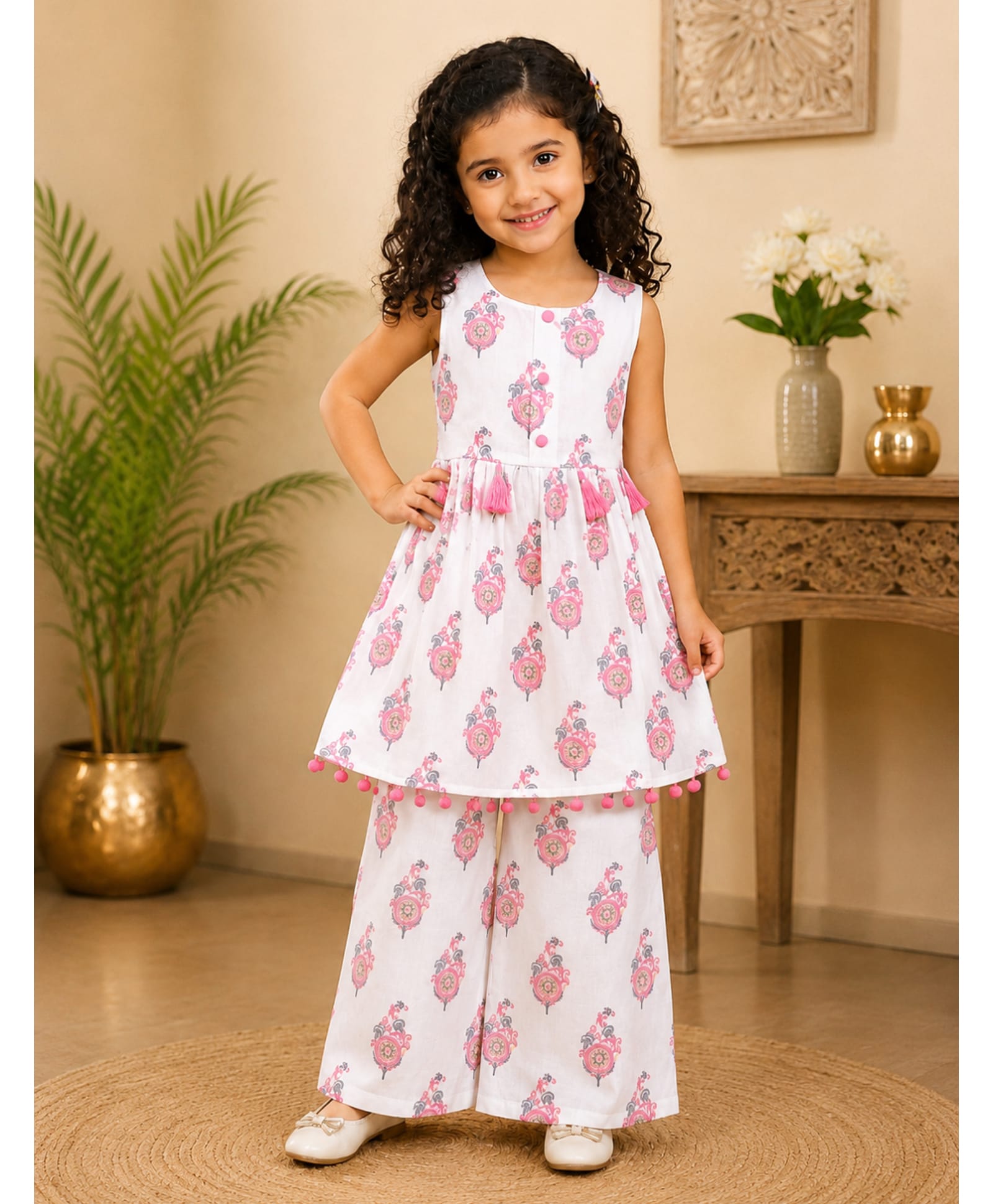 Superminis Cotton Woven Sleeveless Ethnic Motifs Printed Kurti & Palazzo Set - Pink-picture-29