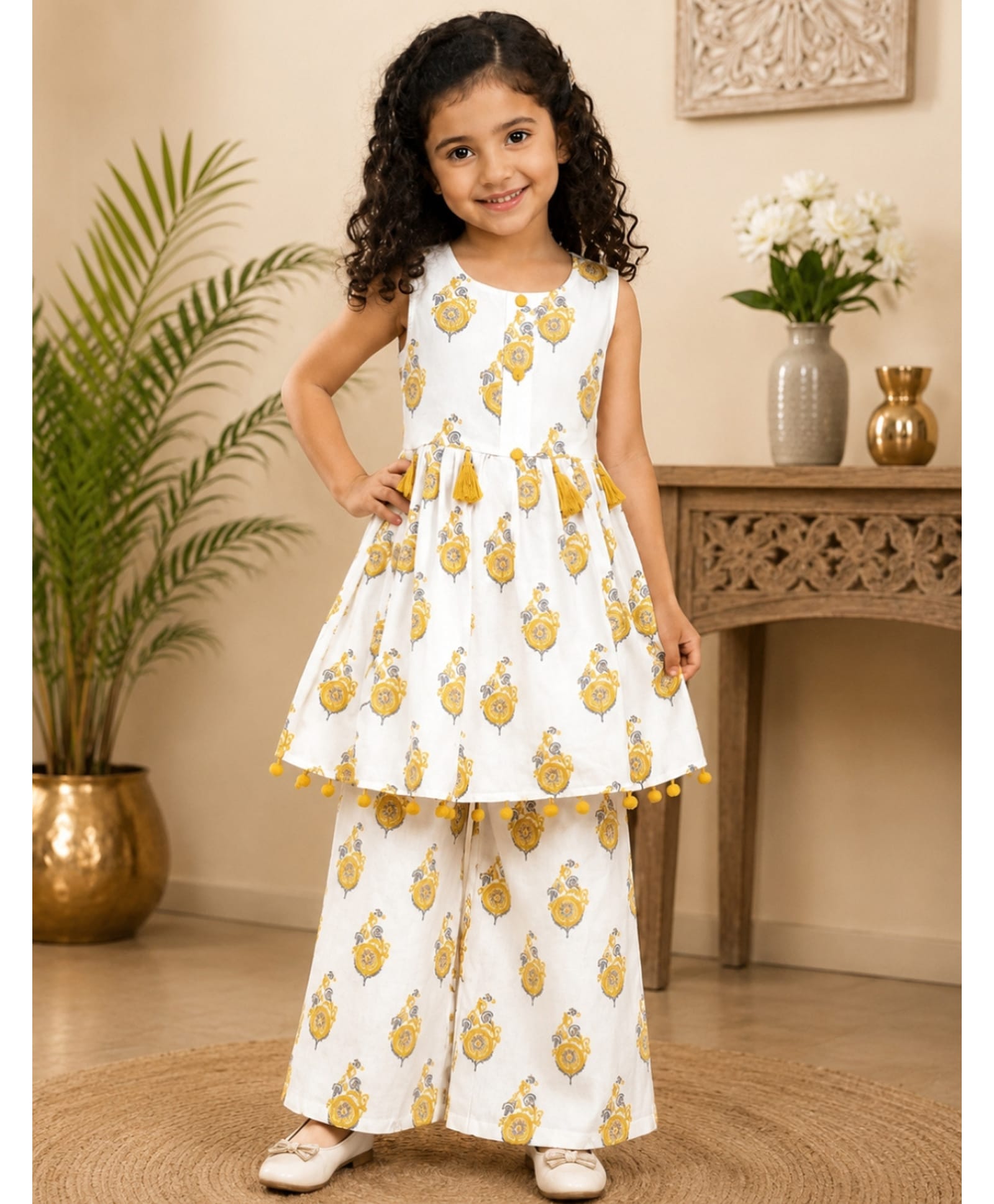 Superminis Cotton Woven Sleeveless Ethnic Motifs Printed Kurti & Palazzo Set - Yellow-picture-11