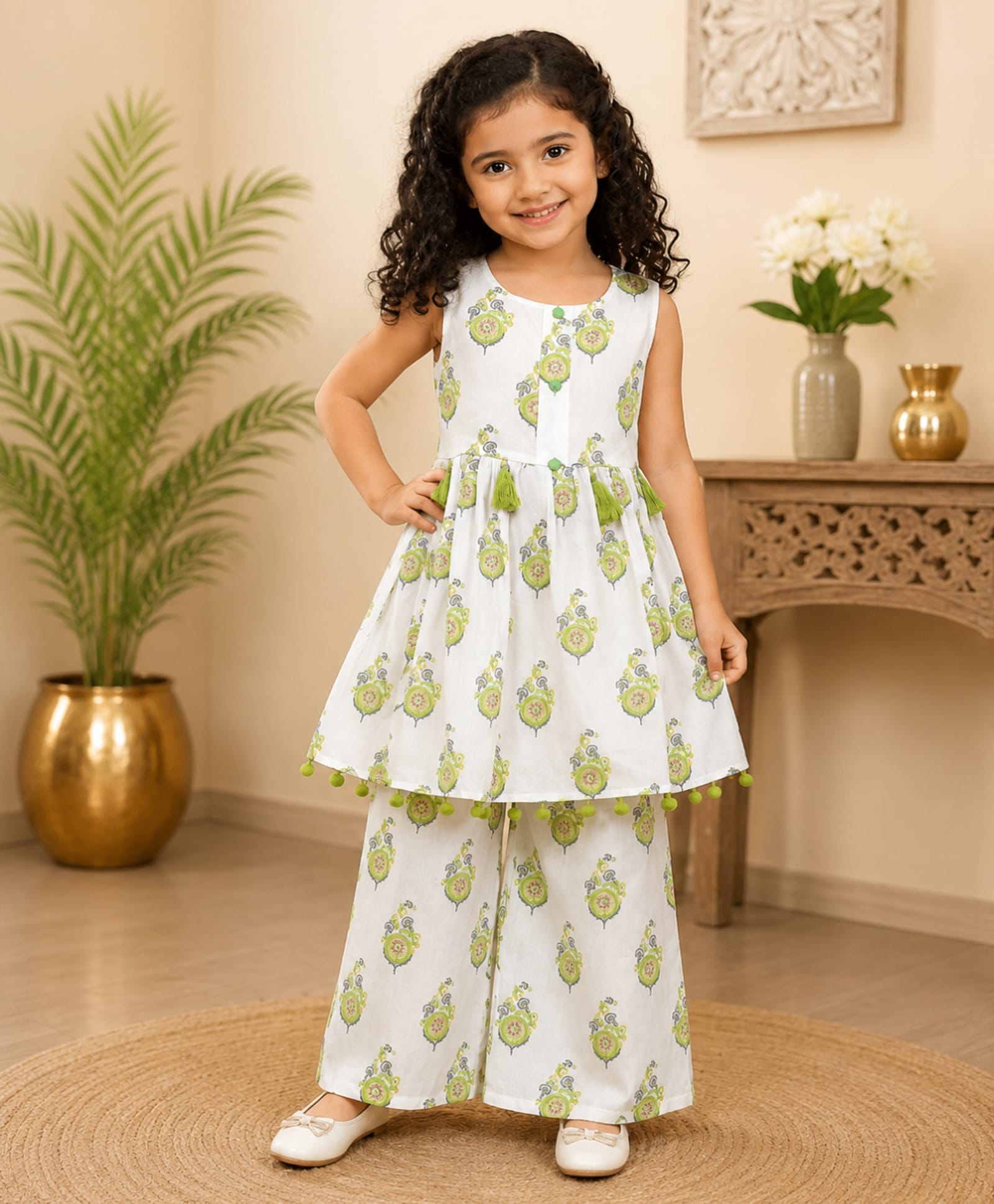 Superminis Cotton Woven Sleeveless Ethnic Motifs Printed Kurti & Palazzo Set - Green-picture-22