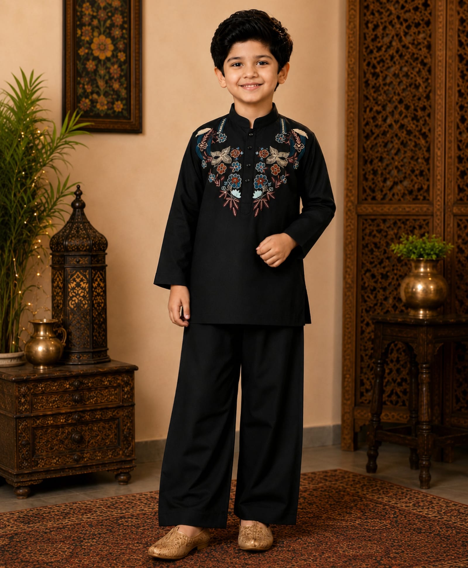 Superminis Cotton Woven Full Sleeves Floral Embroidered Kurta & Pyajama Set - Black-picture-28