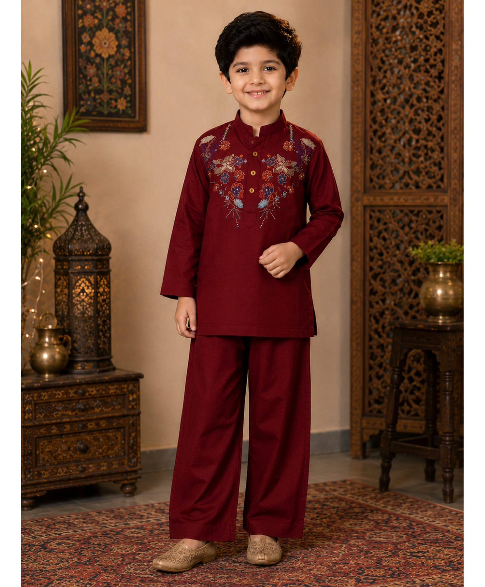 Superminis Cotton Woven Full Sleeves Floral Embroidered Kurta & Pyajama Set - Maroon-picture-27