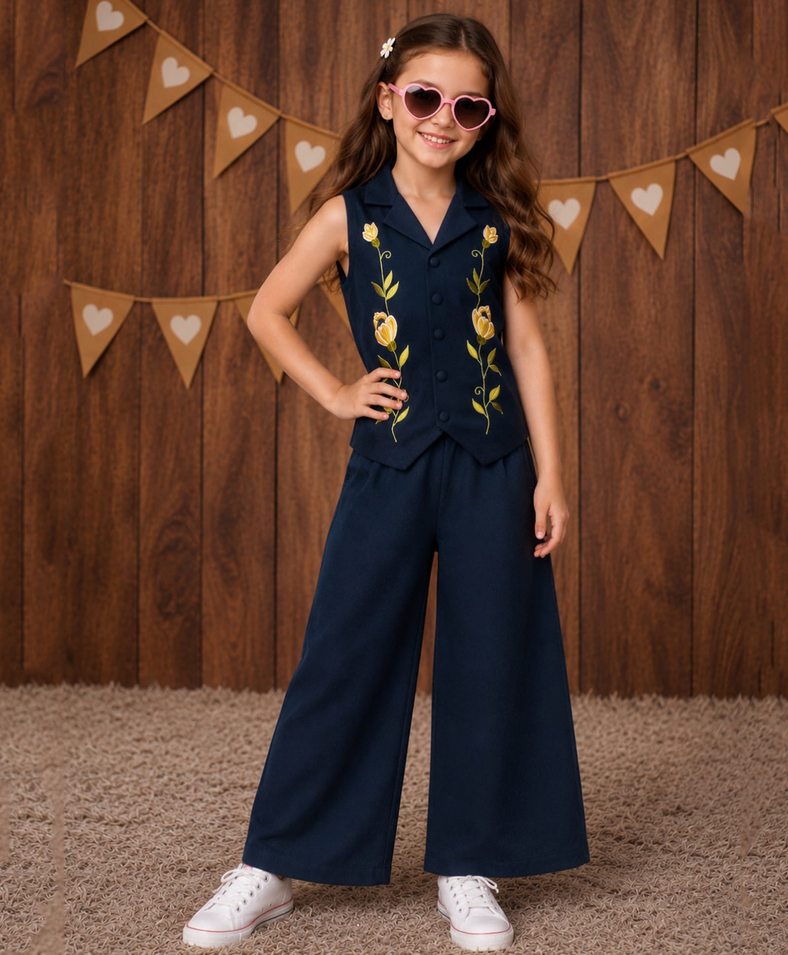 Superminis Cotton Woven Sleeveless Floral Embroidered Top & Palazzo Set - Navy Blue-picture-38