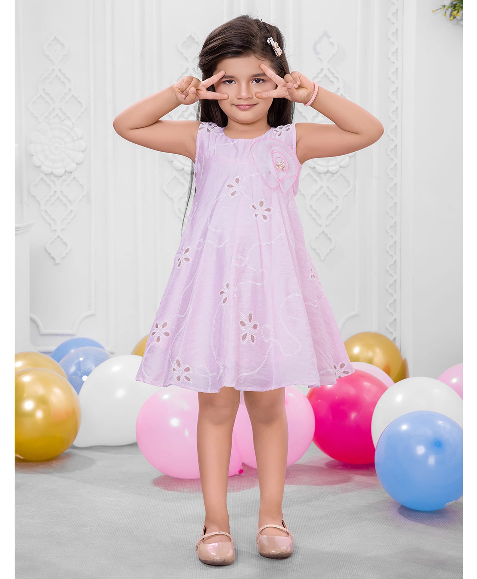 SNAZZY Girl Cotton Woven Sleeveless Pearl & Stone Embellished Floral Designed Schiffli Embroidered & Applique Detailed Dress - Pink-image-6