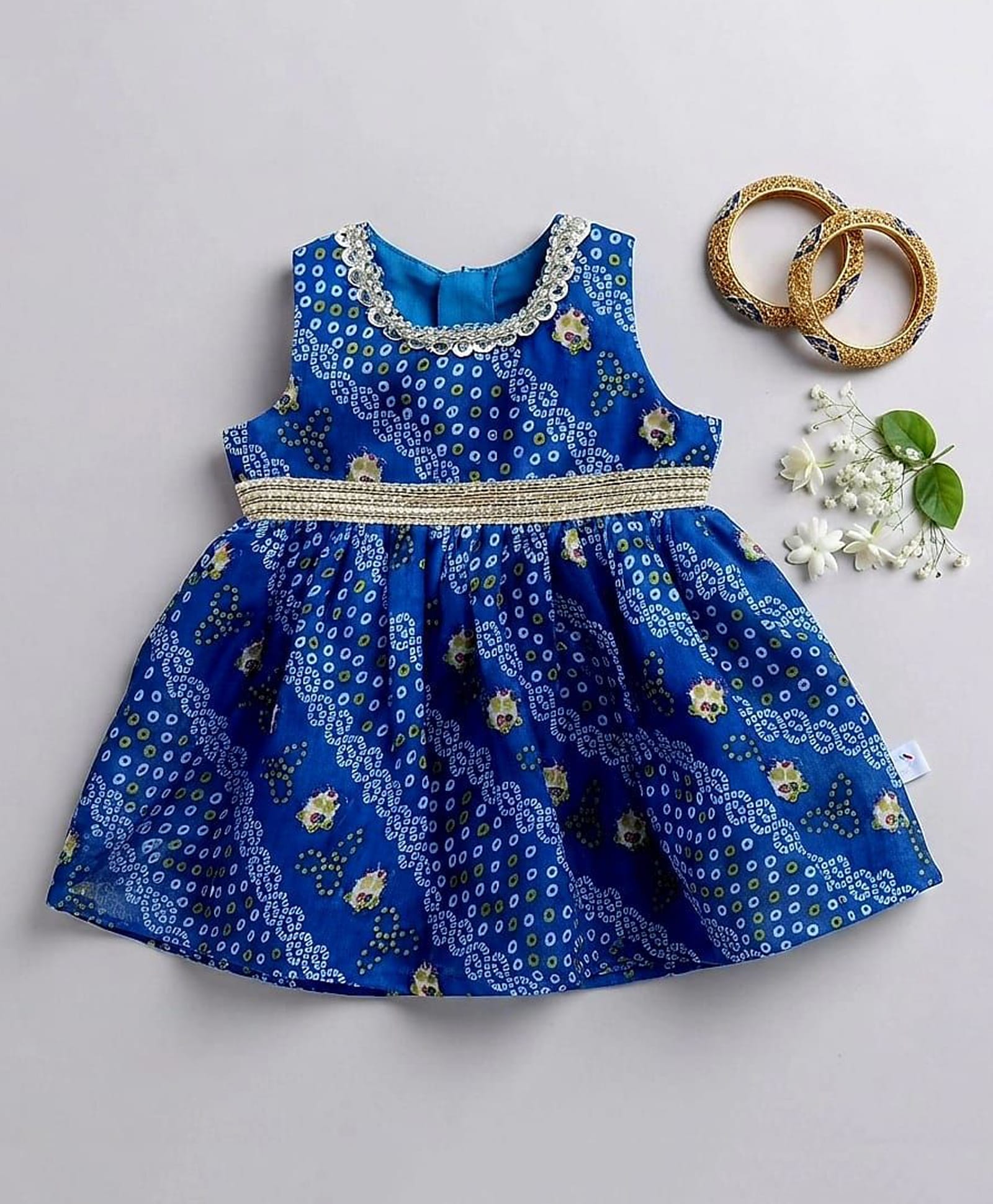 Many frocks & Woven Sleeveless Lace Embellished Bandhani Printed Dress - Blue-image-41