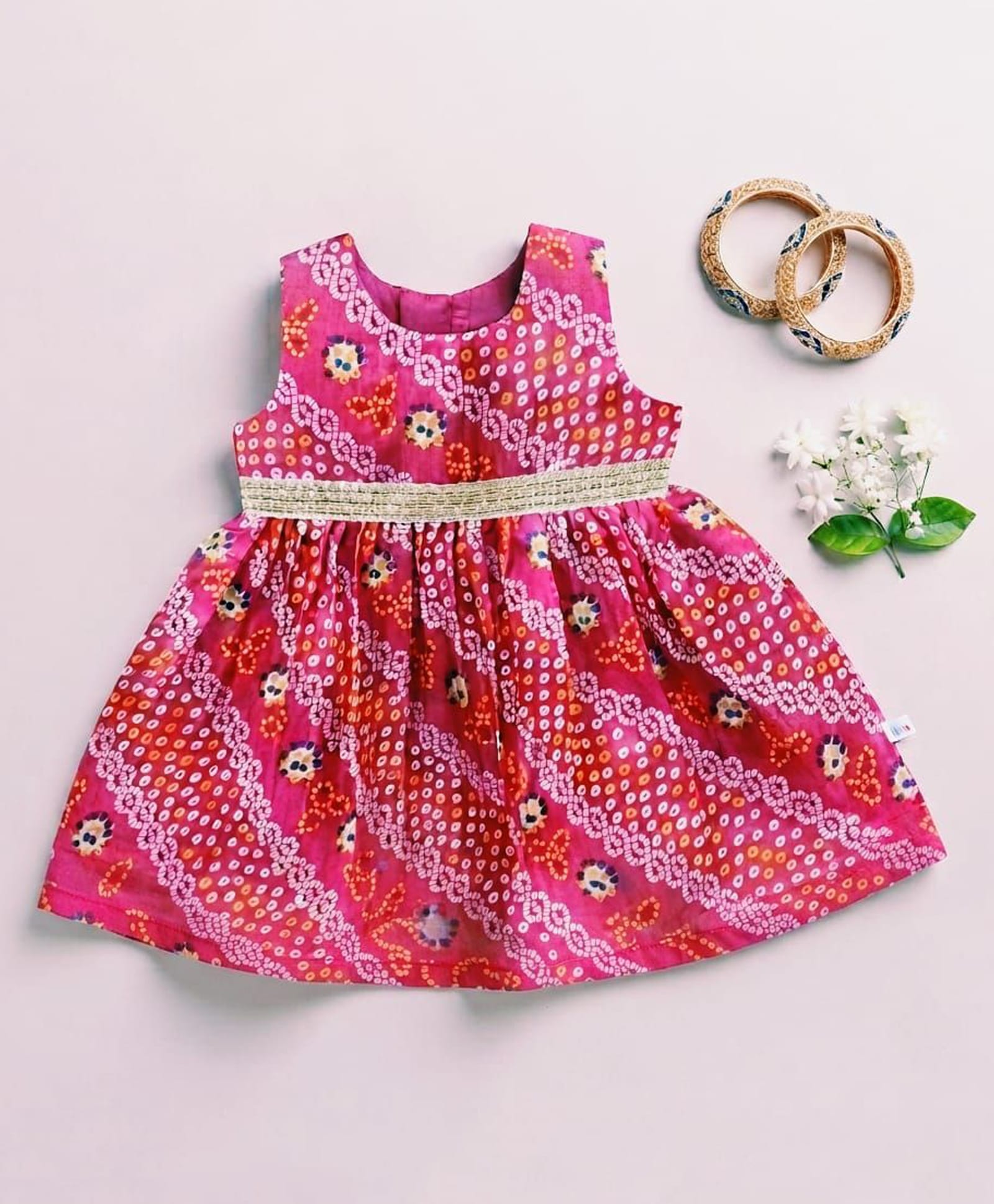 Many frocks & Woven Sleeveless Lace Embellished Bandhani Printed Dress - Pink-image-15