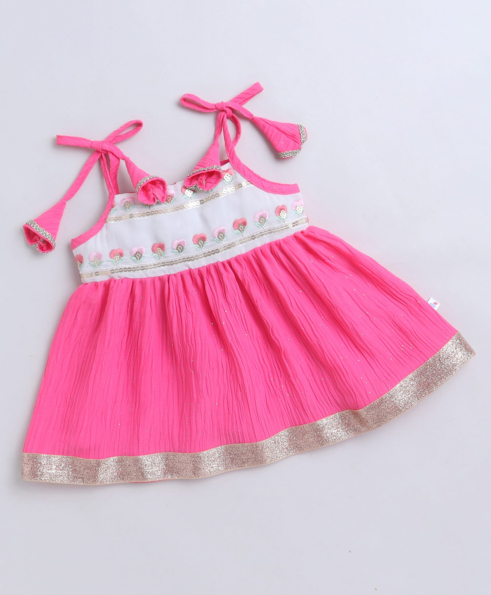 Many frocks & Cotton Woven Sleeveless Floral Embroidered Sequins Embellished Dress - Pink & White-image-43