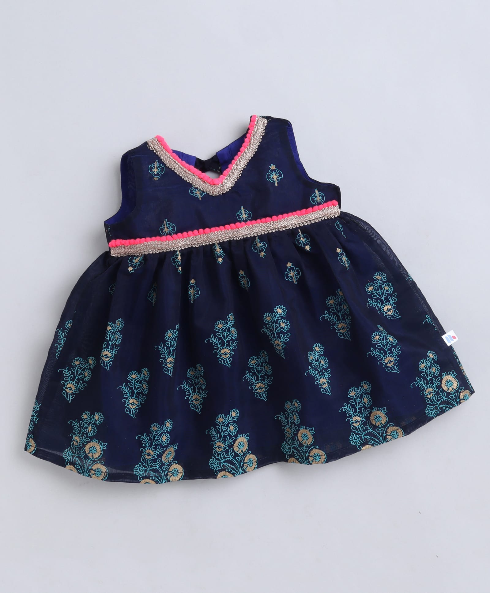 Many frocks & Chanderi Woven Sleeveless Floral Printed Lace Embellished Dress - Navy Blue-image-27