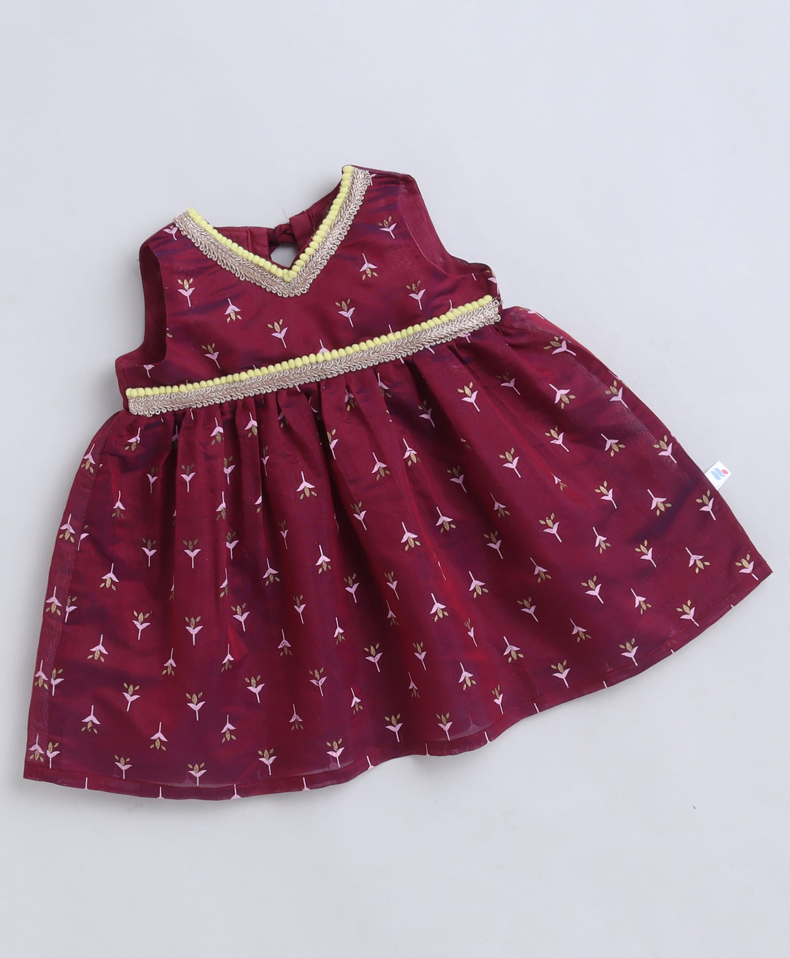 Many frocks & Chanderi Woven Sleeveless Floral Printed Lace Embellished Dress - Maroon-image-29