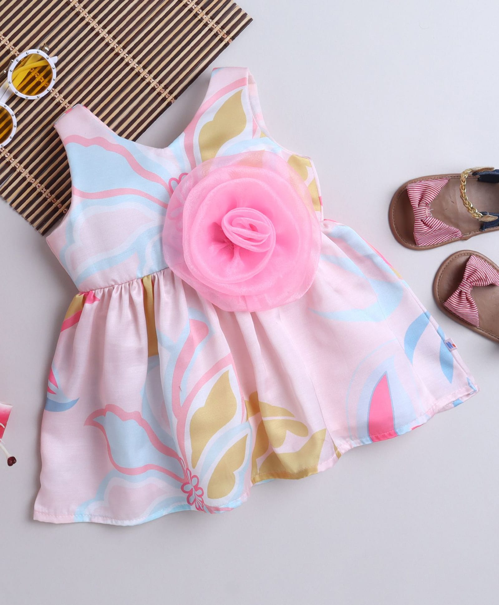 Many frocks & Satin Woven Sleeveless Floral Applique Detailed Abstract Printed Dress - Pink-image-21