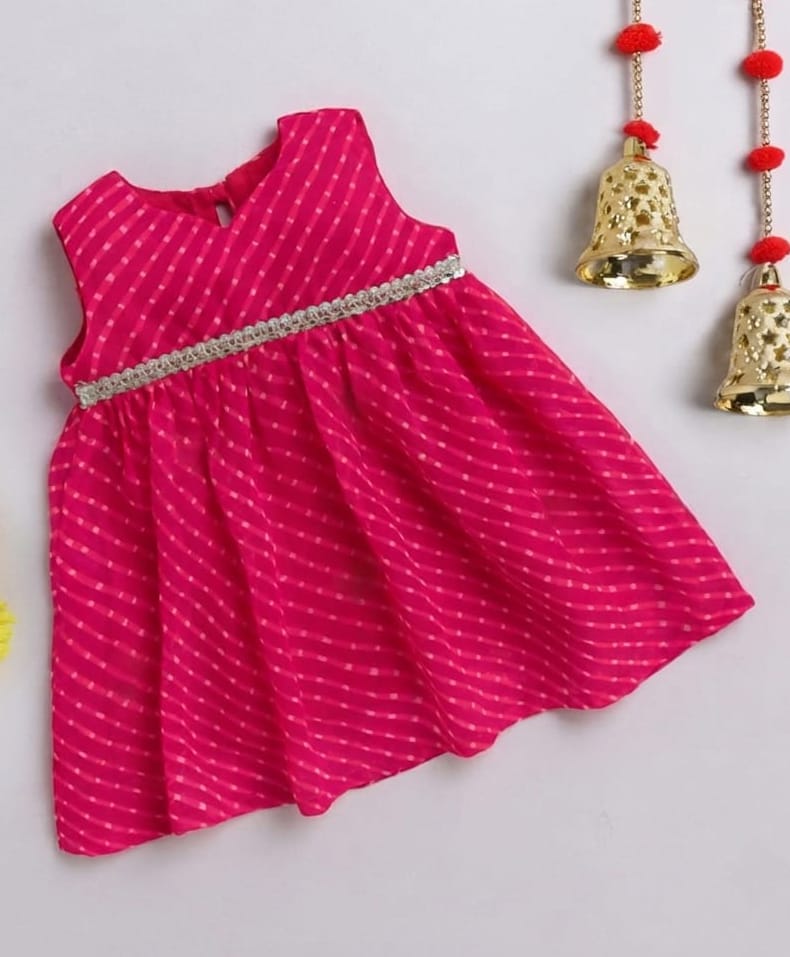 Many frocks & Georgette Woven Sleeveless Gota Lace Embellished Leheriya Printed Dress - Pink-image-20