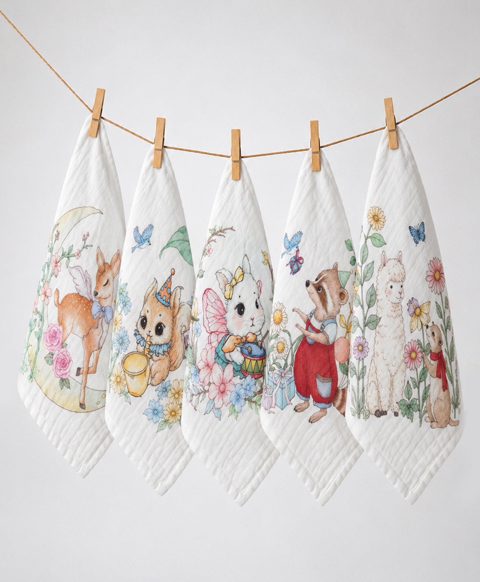 Little Surprise Box 5PCS Enchanted Garden Animal Print Muslin Cotton Napkin - White-image-3