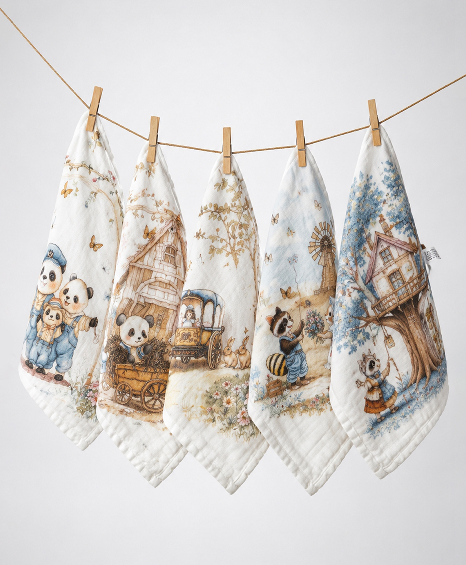 Little Surprise Box 5PCS Vintage Panda Storybook Print Muslin Cotton Napkin - White-image-45