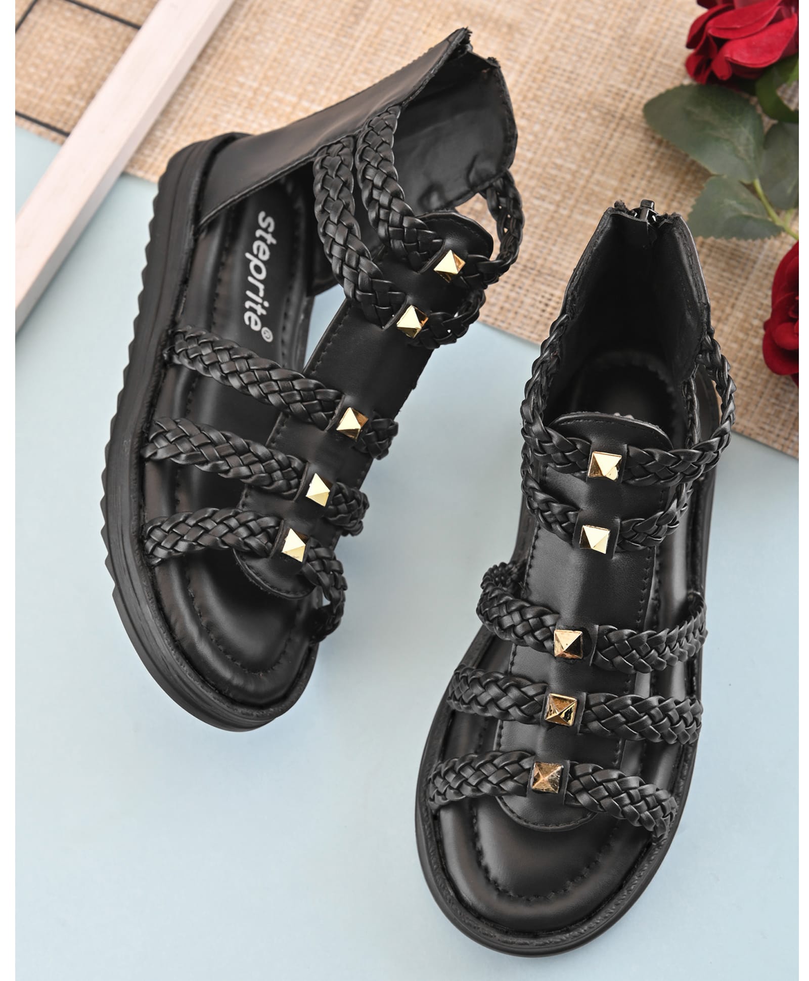Steprite Studs Embellished & Braided Strap Detailed Zipper Closure Sandals - Black-image-26