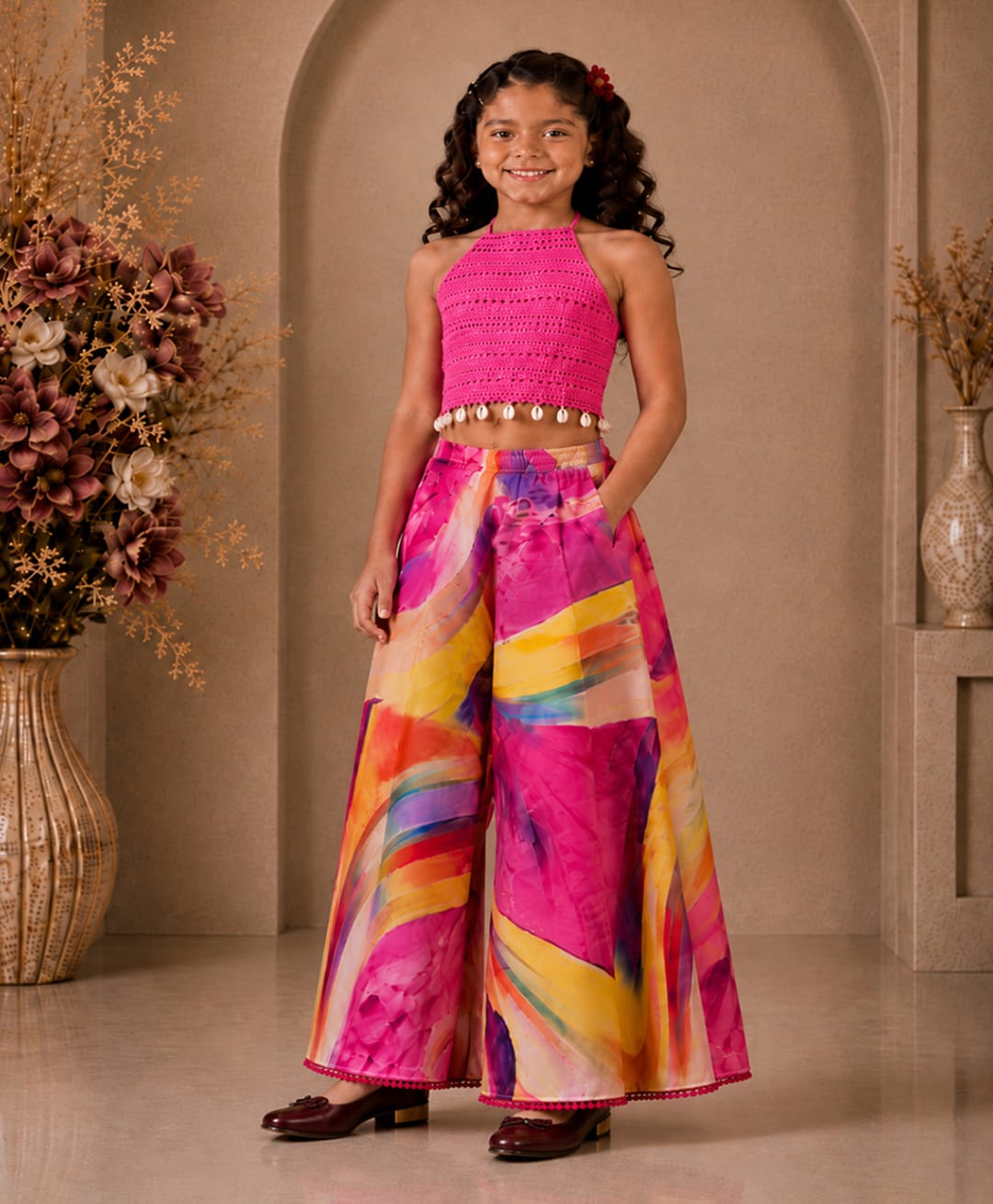 Twisha Woven Sleeveless Schiffli Embroidered & Cowrie Embellished Top & Palazzo Set -Pink & Multi Colour-image-39