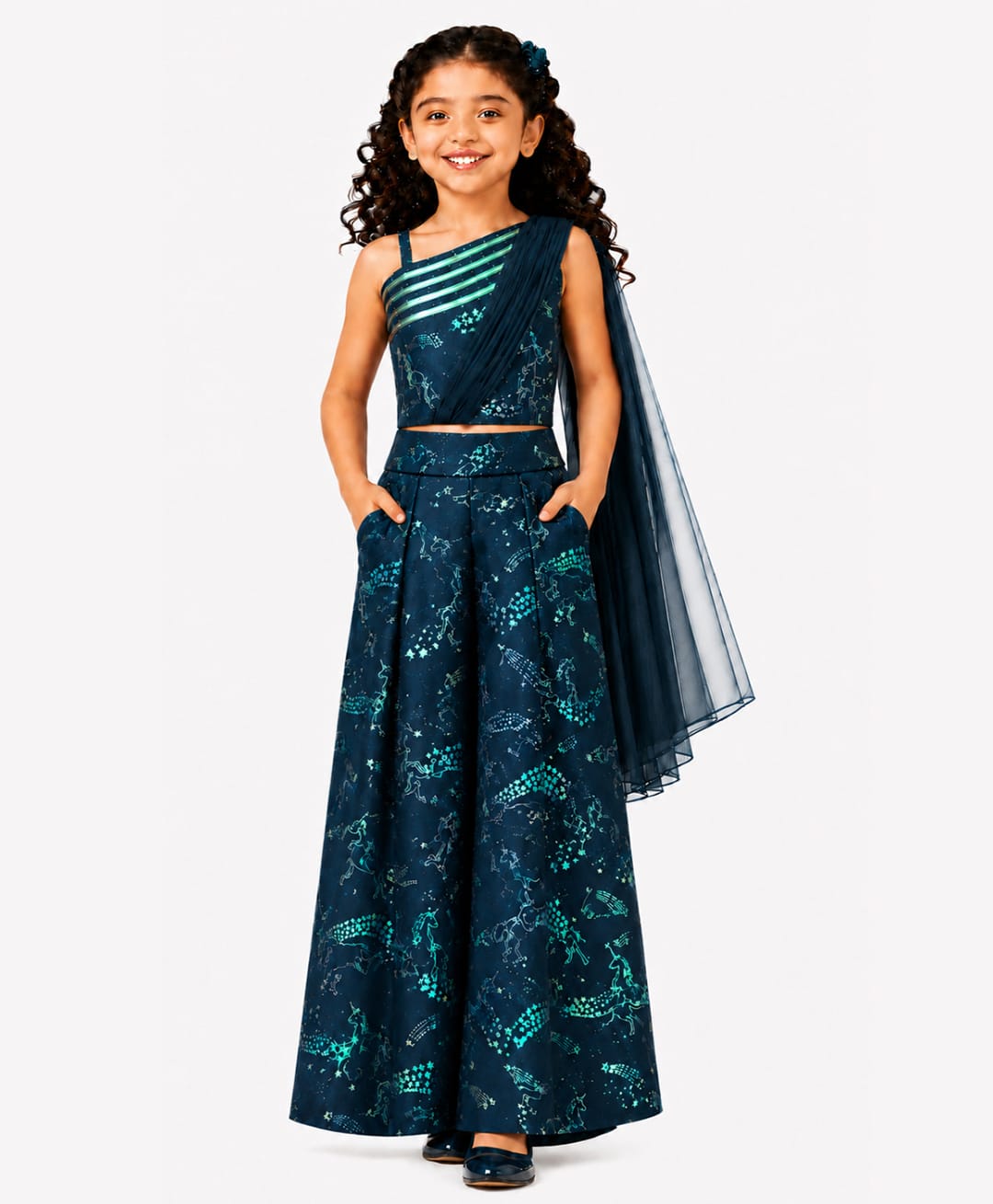 Twisha Woven Sleeveless Unicorn Printed Coordinating Top & Palazzo Set With Attached Draped Dupatta - Navy Blue-image-37