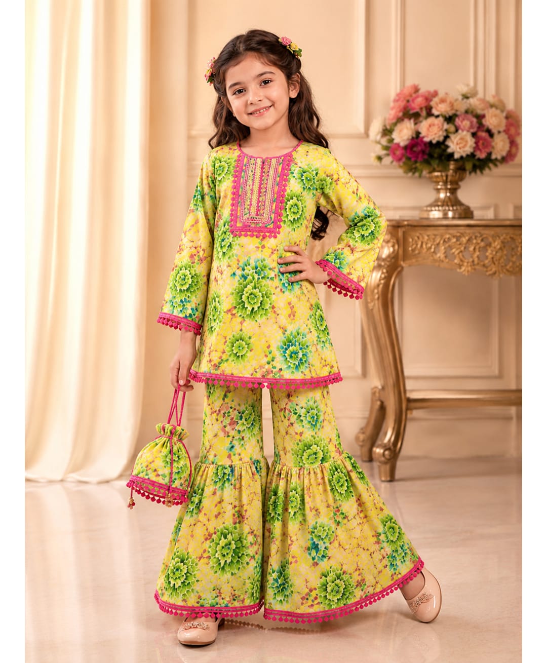 Twisha Woven Three Fourth Sleeves Lace Embellished & Floral Printed Top & Sharara Set - Yellow-image-36