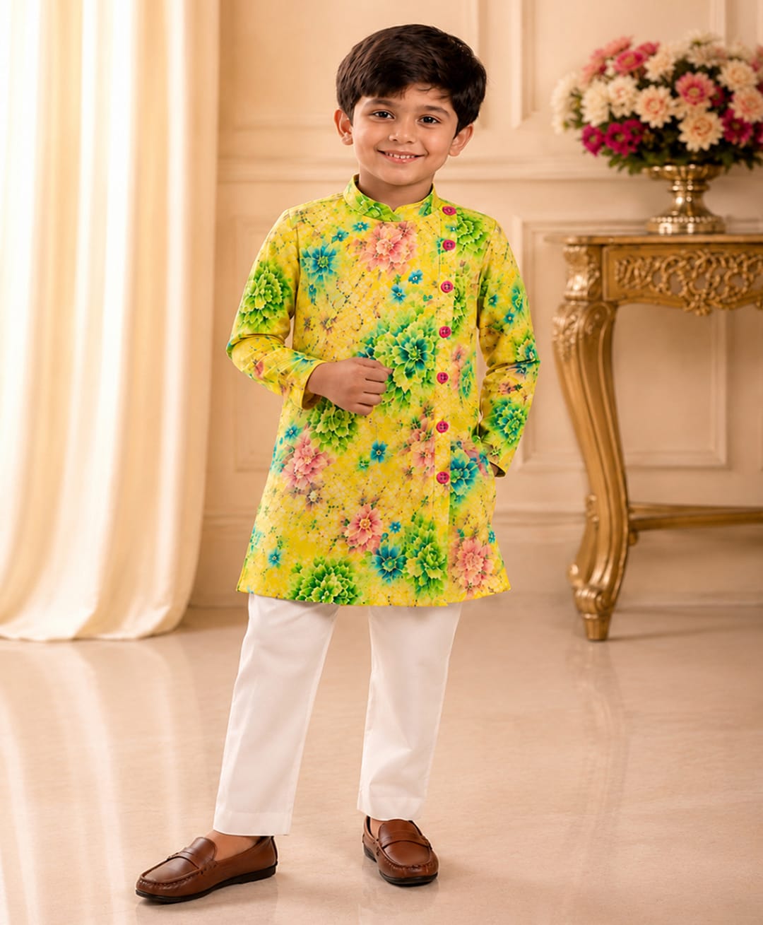 Twisha Woven Full Sleeves Floral Printed Kurta Pyjama Set - Yellow & White-picture-29