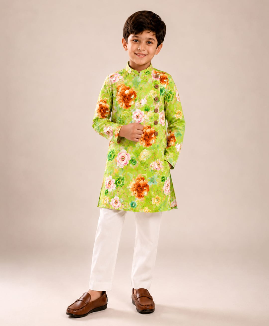 Twisha Woven Full Sleeve All Over Printed Kurta With Pajama - Limegreen & White-picture-20