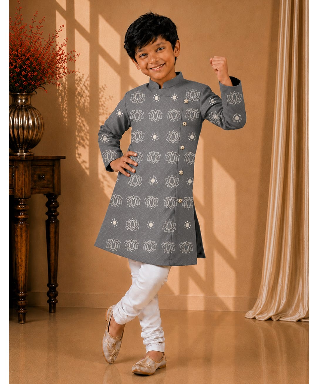 Twisha Woven Full Sleeves Lotus & Sun Motif Printed Kurta Pyjama Set - Grey & White-picture-32