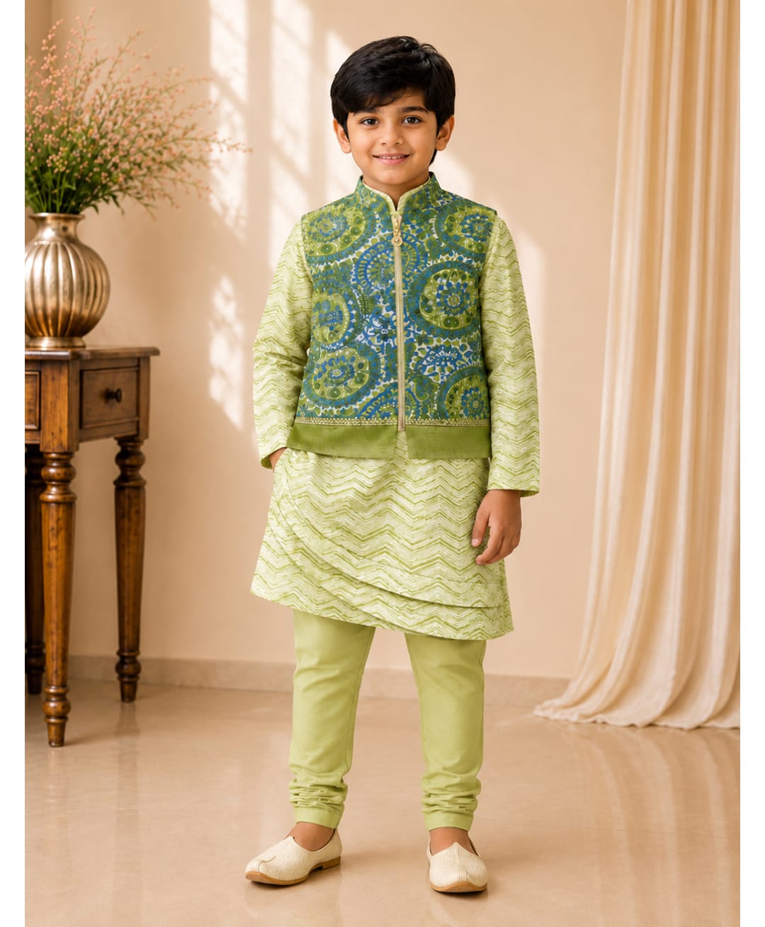 Twisha Cotton Woven Full Sleeves Chevron Kurta Pyjama Set With Jacket - Limegreen-picture-24