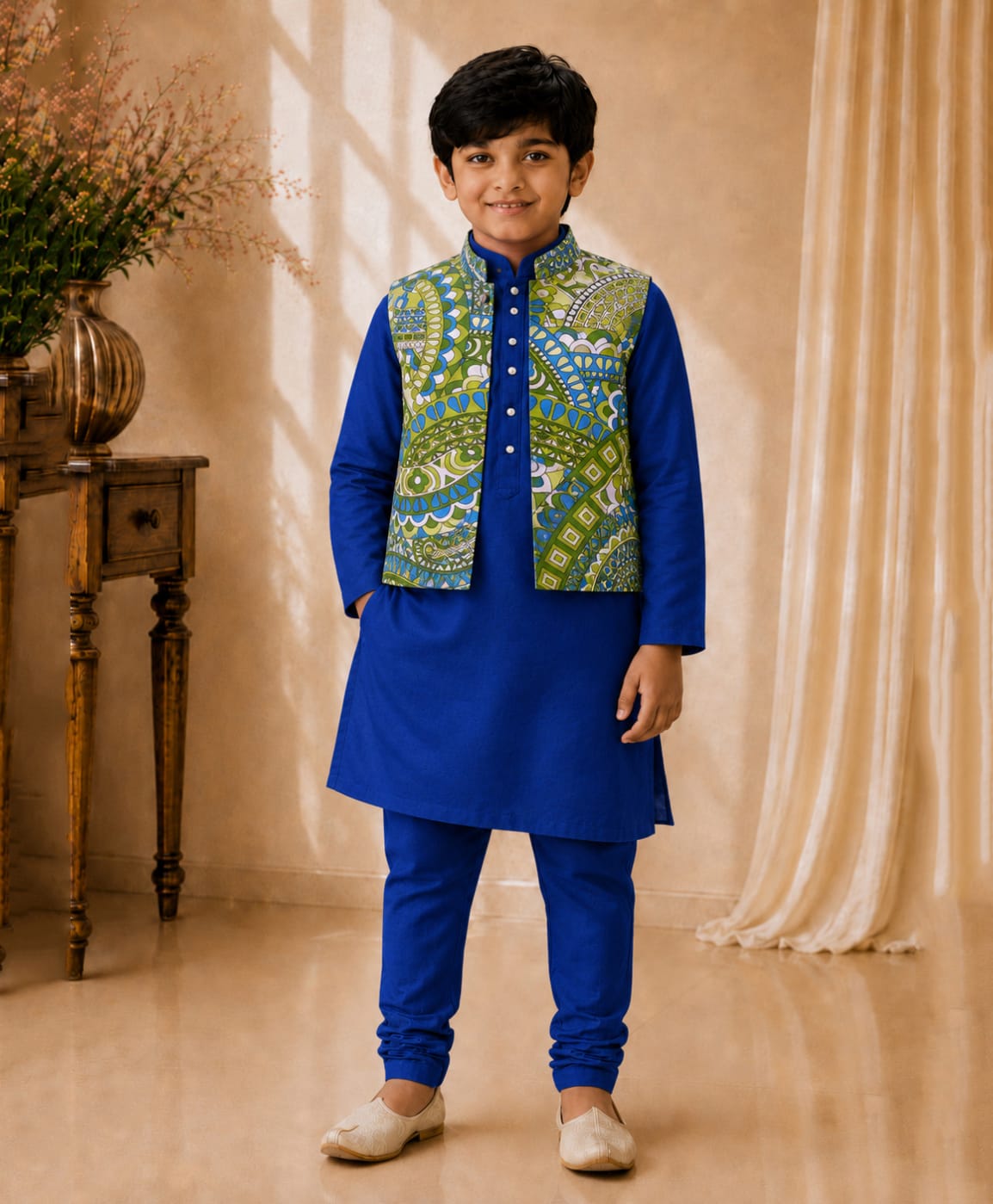 Twisha Woven Full Sleeves Solid Kurta Pyjama With Motifs Printed Jacket Set - Blue & Lime Green-picture-10