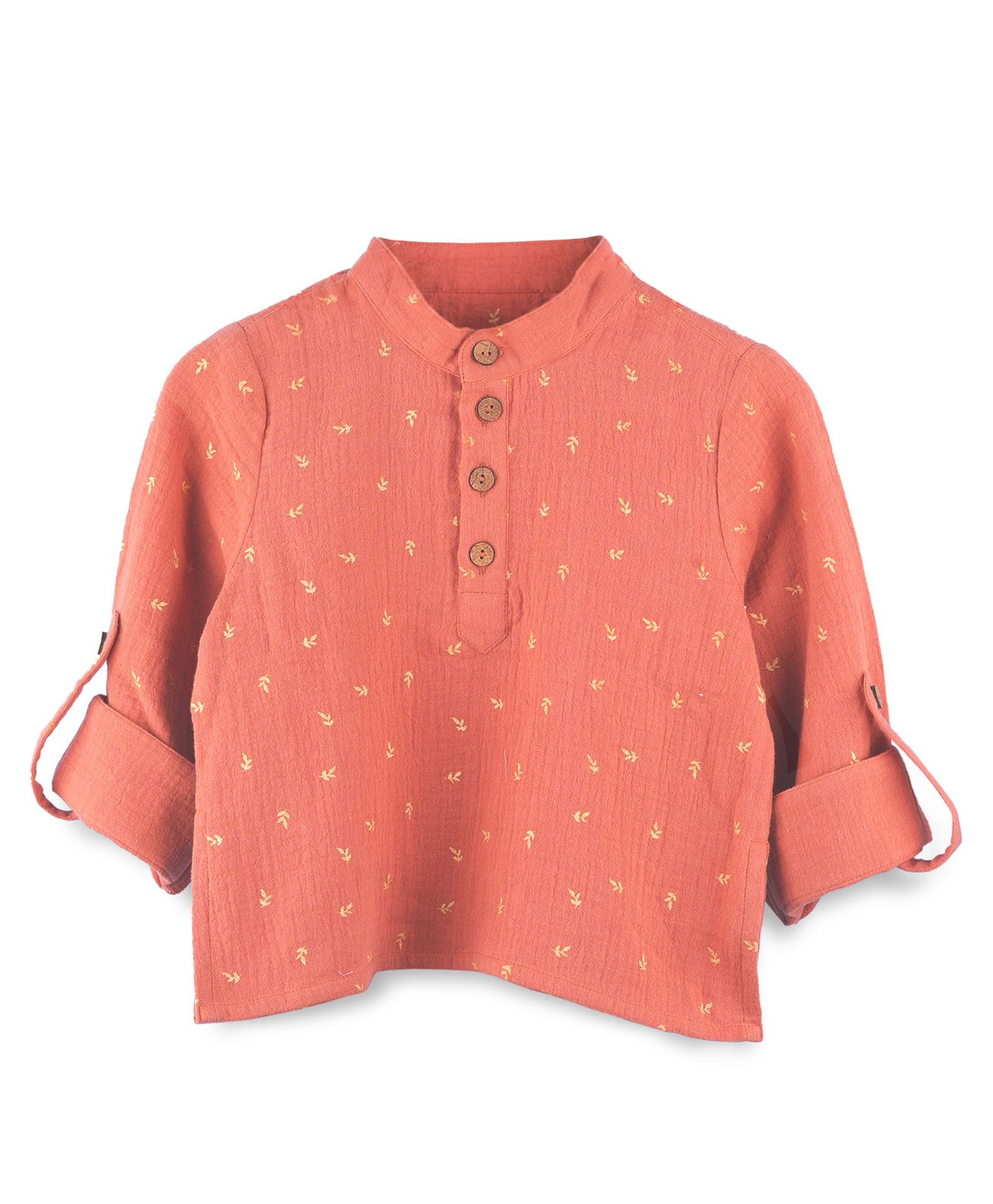 Kidbea Cotton Woven Full Sleeves Leaves Printed Shirt - Orange-picture-19