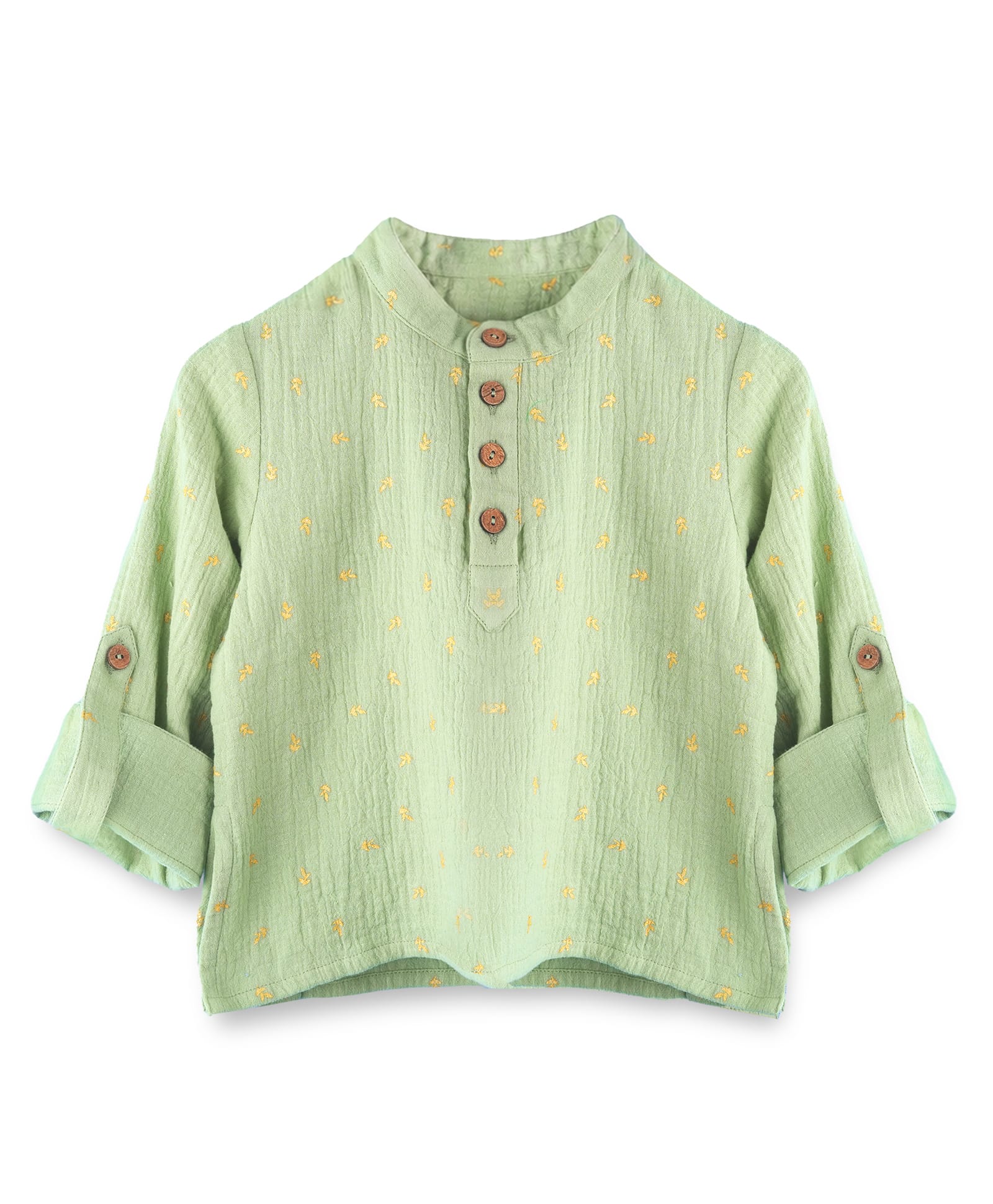 Kidbea Cotton Woven Full Sleeves Leaves Printed Shirt - Green-picture-16