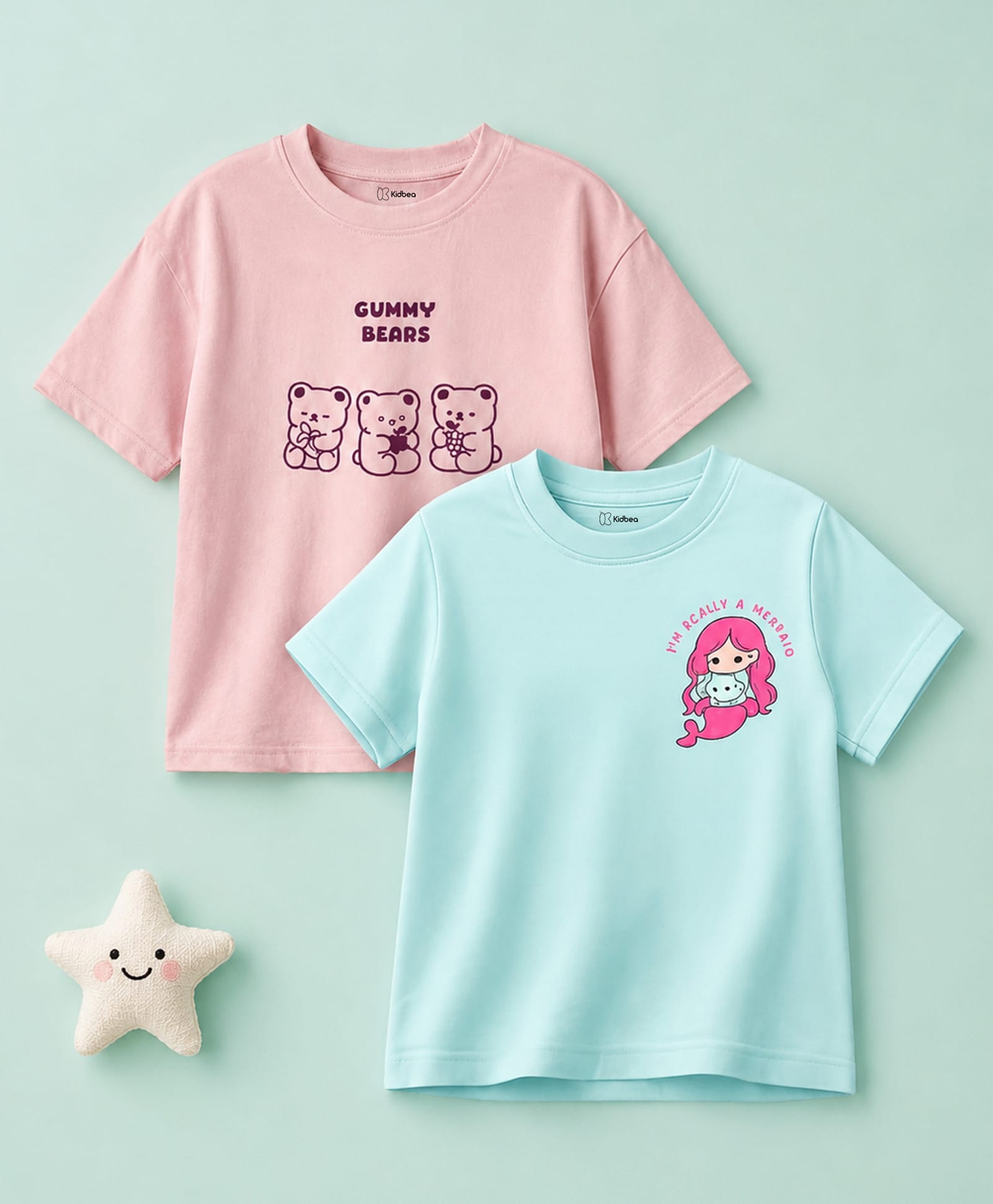 Kidbea Cotton Woven Pack Of 2 Half Sleeves Bear & Mermaid Printed Tees - Pink & Blue-picture-10