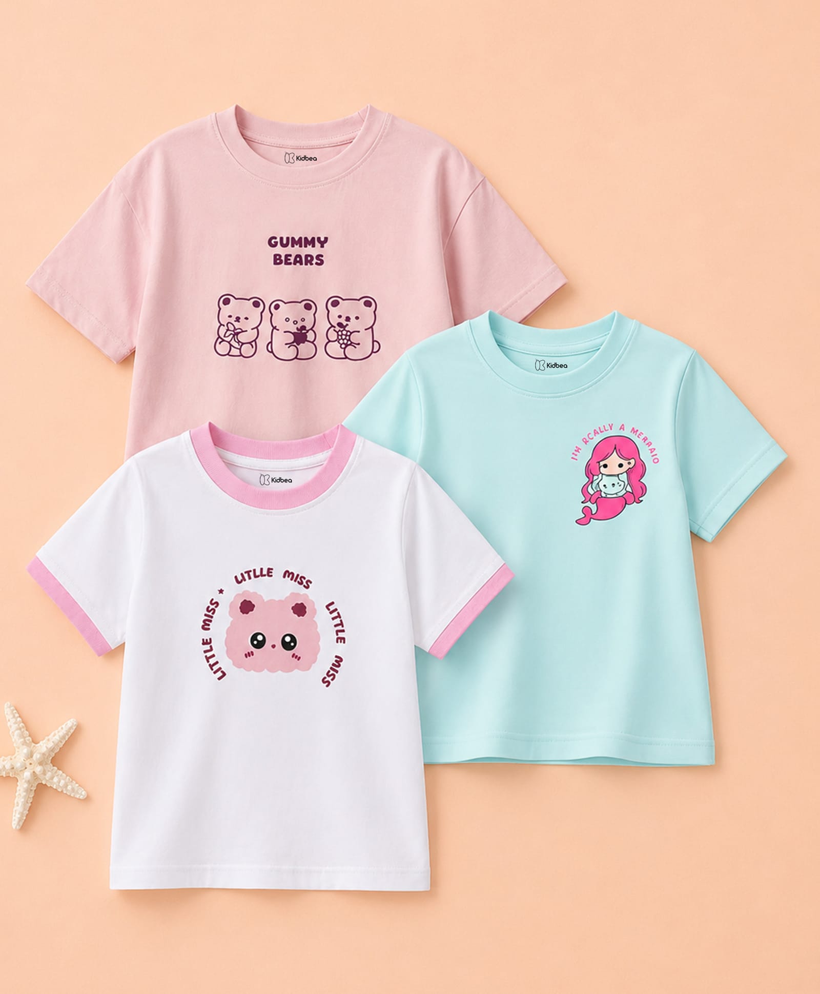 Kidbea Cotton Woven Pack Of 3 Half Sleeves Bear & Mermaid Printed Tees - Pink Blue & White-picture-16