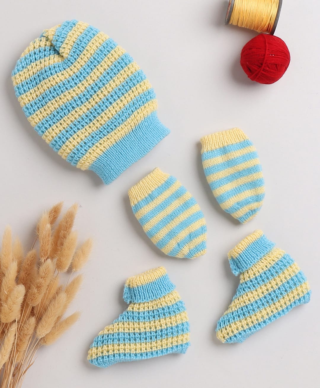 Little Angels Knit Striped Coordinating Cap Socks & Mittens Set - Green & Yellow-picture-25