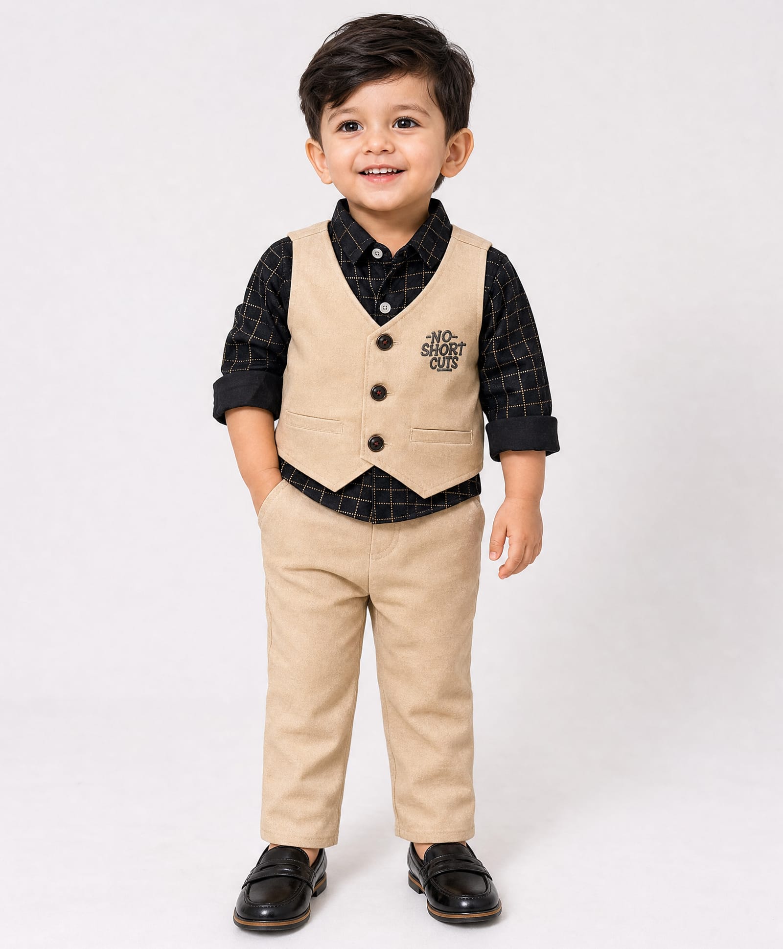 Spool Junior Cotton Woven Full Sleeves Checked Shirt & Pant Set With No Short Cuts Text Embroidered Waistcoat - Beige-image-40