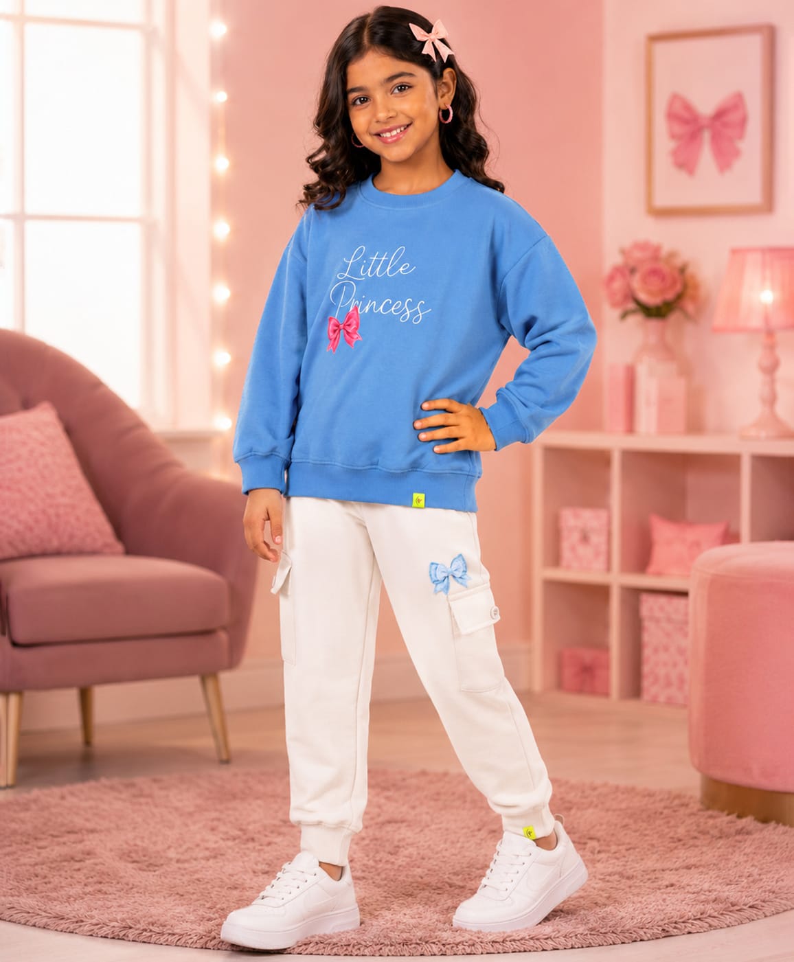 Kiddopanti Fleece Knit Full Sleeves Little Princess Text Printed Winter Sweatshirt & Joggers Set - Dust Blue & Off White-picture-38