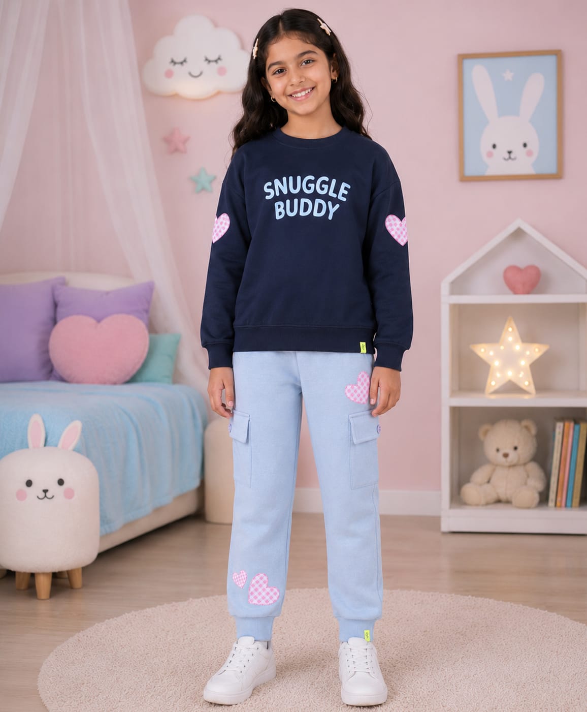 Kiddopanti Fleece Knit Full Sleeves Snuggle Buddy Text Printed Winter Sweatshirt & Joggers Set - Navy Blue & Pink-image-18