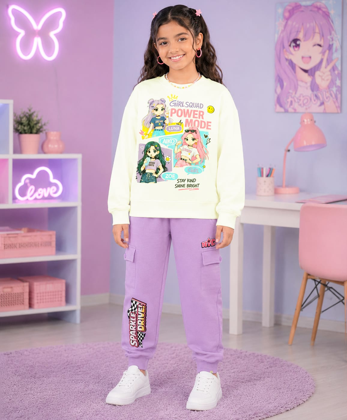 Kiddopanti Fleece Knit Full Sleeves Girls & Power Mode Text Printed Winter Sweatshirt & Joggers Set - Off White & Lilac-picture-11