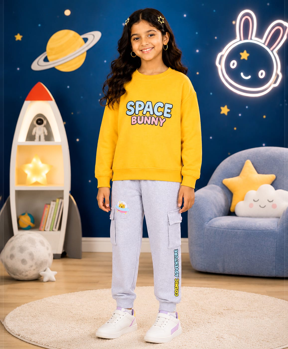 Kiddopanti Fleece Knit Full Sleeves Space Bunny Text Printed Winter Sweatshirt & Joggers Set - Cyber Yellow & Grey Melange-picture-16