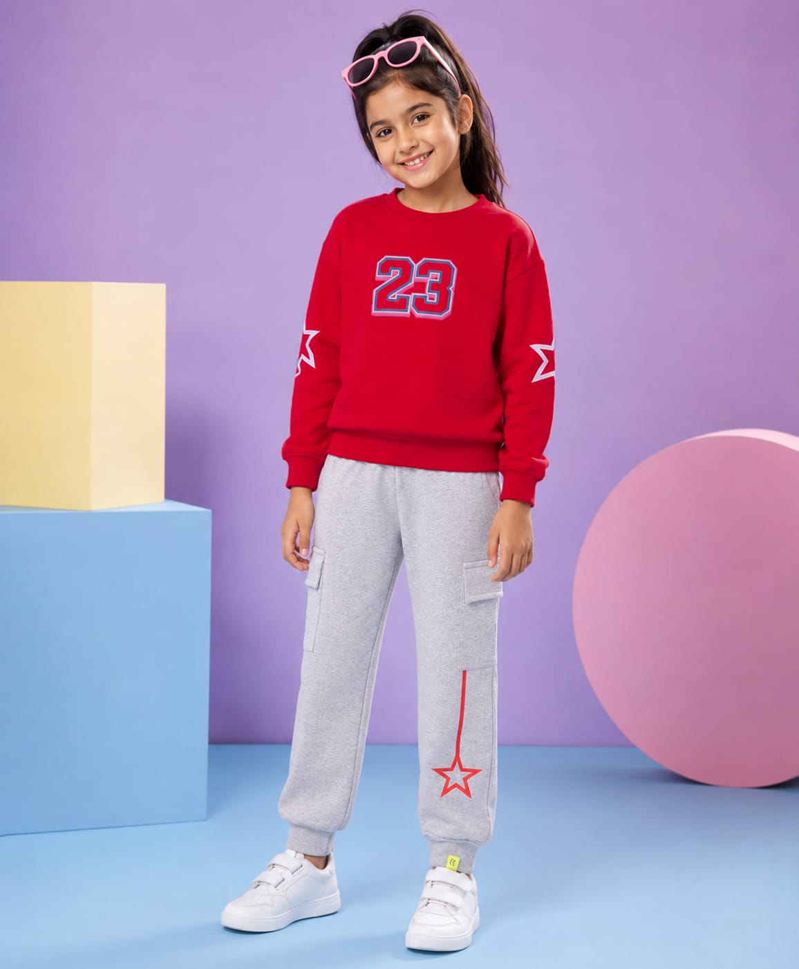 Kiddopanti Fleece Knit Full Sleeves Numerical Printed Winter Sweatshirt & Joggers Set - Red & Grey Melange-image-19