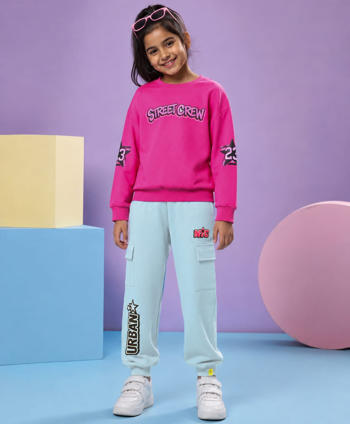 Kiddopanti Fleece Knit Full Sleeves Street Crew Text Printed Winter Sweatshirt & Joggers Set - Coral Pink & Ink Blue-picture-33