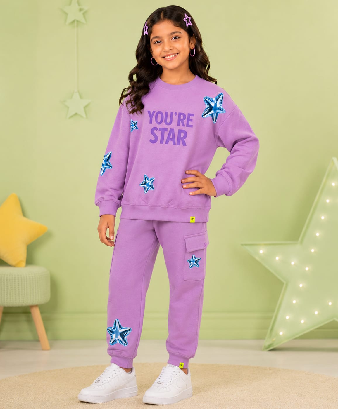 Kiddopanti Fleece Knit Full Sleeves Star & You Are A Star Text Printed Winter Sweatshirt & Joggers Set - Lilac-picture-29