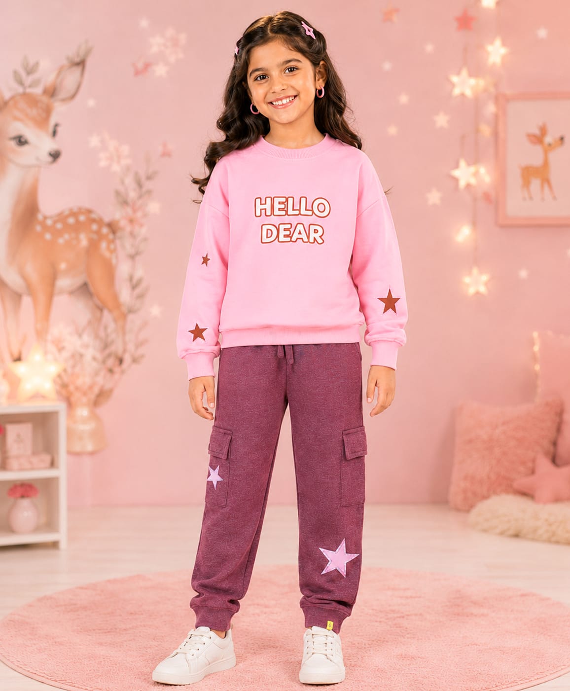 Kiddopanti Fleece Knit Full Sleeves Stars & Hello Dear Text Printed Winter Sweatshirt & Joggers Set - Baby Pink & Muted Clay Pink-picture-25