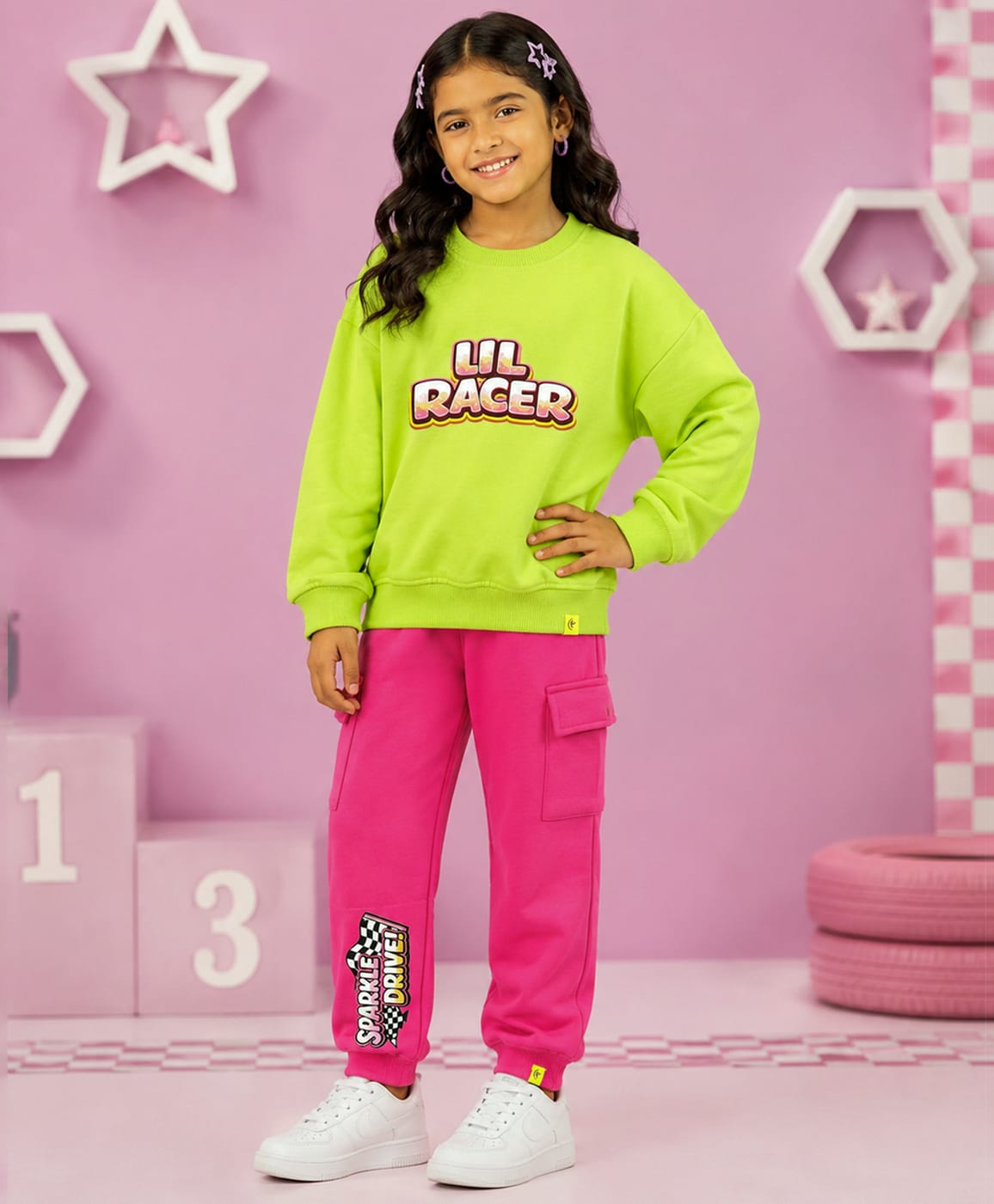 Kiddopanti Fleece Knit Full Sleeves Little Racer Text Printed Winter Sweatshirt & Joggers Set - Neon Green & Fuchsia Pink-image-48